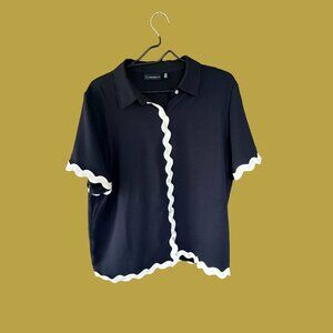 Rafaella Black Polo Shirt White Scallop Trim Preppy Classic Size Large L